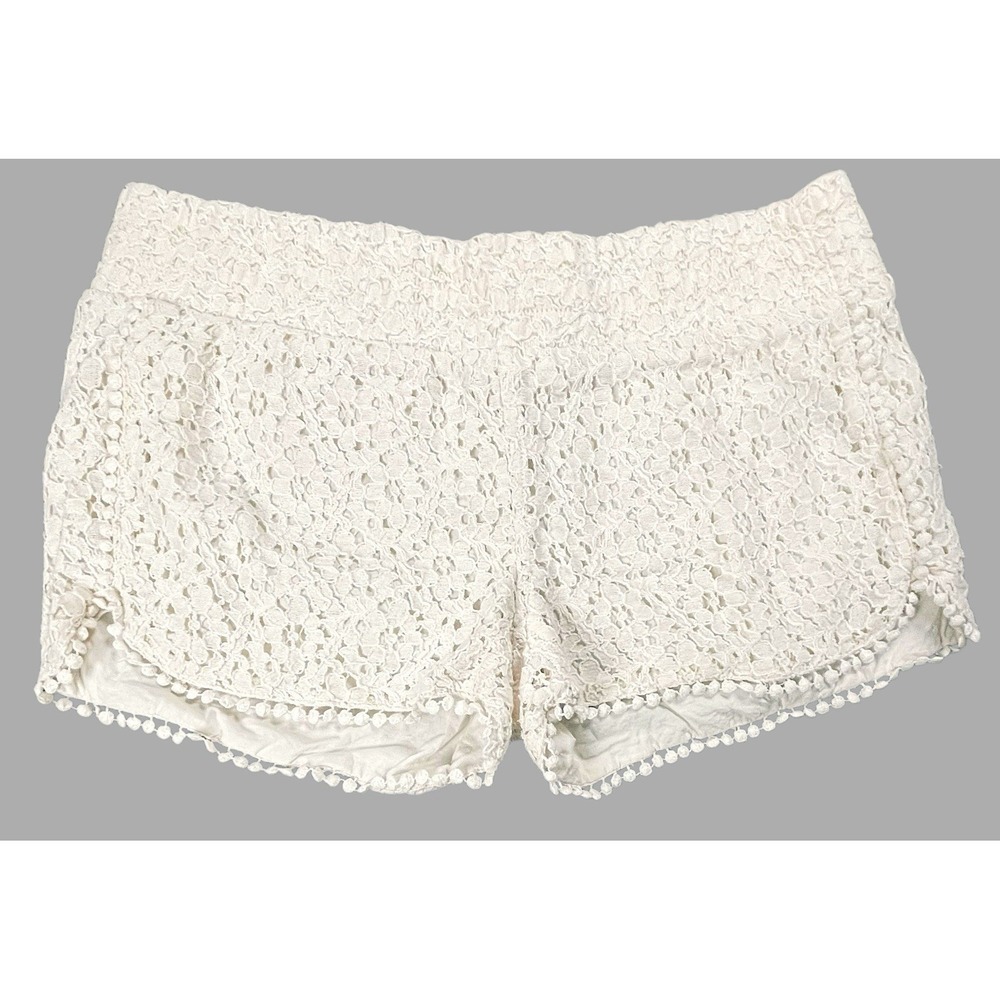 Tinseltown Lace Shorts Womens Small White Boho Pom Trim Lined Stretch Summer Fun